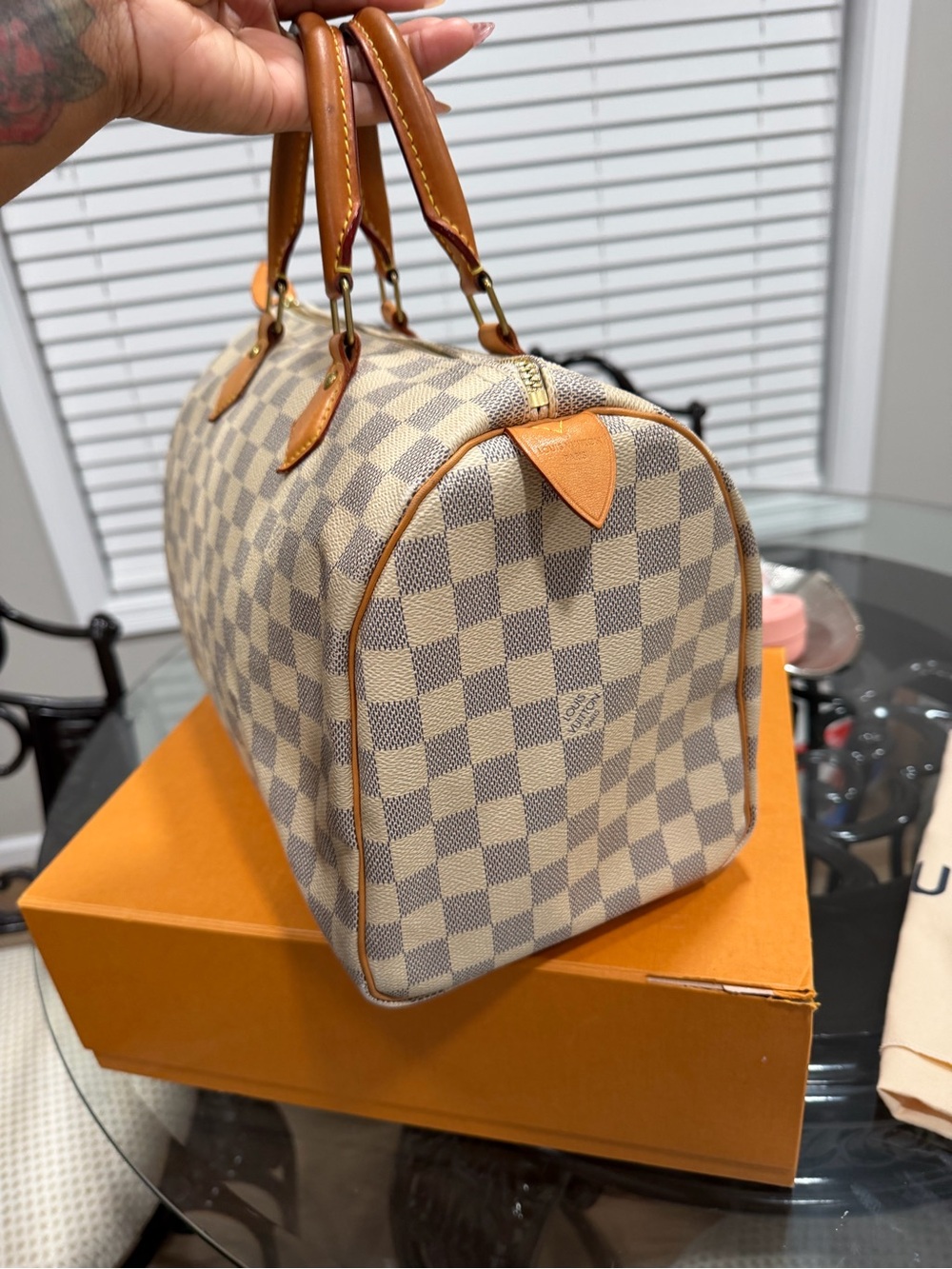 Louis Vuitton Mini Pouch in Cream with Blue Drawcords